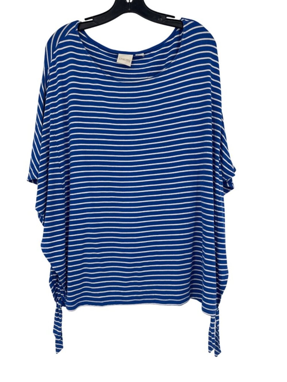 Chicos 3 Blue White Striped Dolman Sleeve Top  Side Ties Womens Size XL